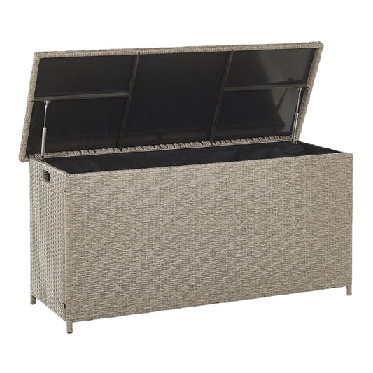 Baúl de almacenamiento exterior con tapa abatible y gas spring, acabado tipo ratán, beige