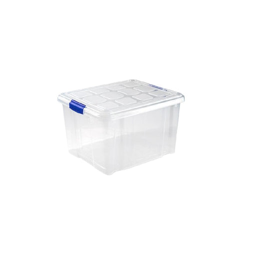 Caja de almacenamiento transparente con tapa y cierre azul, plástico